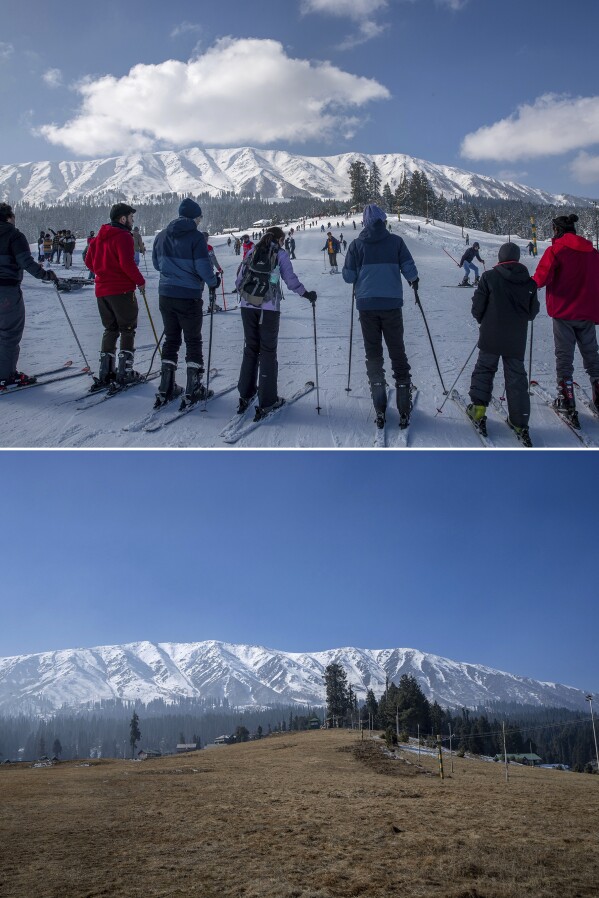 In this two photo combination photograph, tourists wait for their turn to use a ski-lift to transport them up a slope top on Jan. 10, 2021, top, and the same ski slope is seen snowless in Gulmarg, northwest of Srinagar, Indian controlled Kashmir, Saturday, Jan. 13, 2024. There is hardly any snow at Asia's largest ski terrain in Gulmarg where thousands of domestic and international tourists would usually visit to ski and sledge its stunning snowscape in winter. (AP Photo/Dar Yasin)
