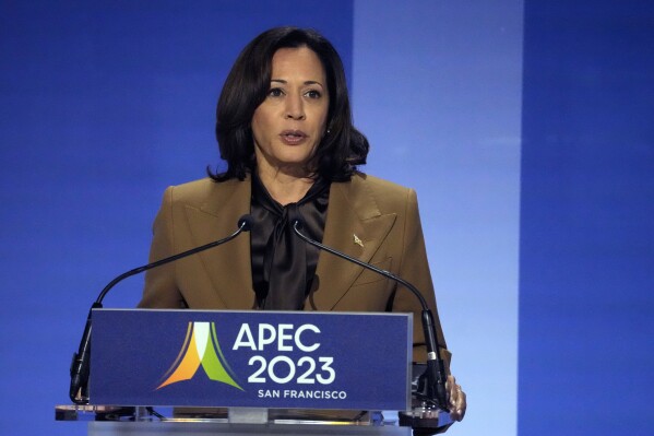 Vice President Kamala Harris speaks during the Asia-Pacific Economic Cooperation (APEC) conference,Thursday, Nov. 16, 2023, in San Francisco. (AP Photo/Jeff Chiu)