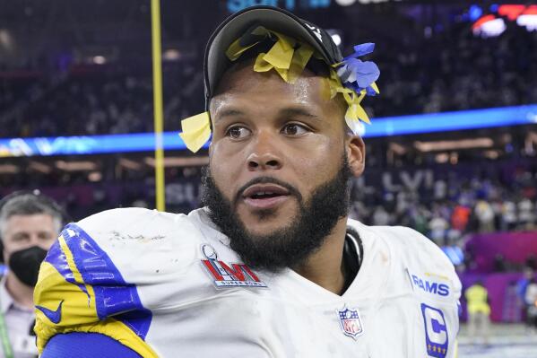 Los Angeles Rams defensive end Aaron Donald celebrates after the Rams defeated the Cincinnati Bengals in the NFL Super Bowl 56 football game Sunday, Feb. 13, 2022, in Inglewood, Calif. (AP Photo/Mark J. Terrill)