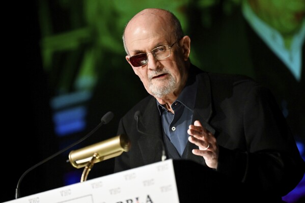 Author Salman Rushdie receives the Vaclav Havel Library Foundation's first ever lifetime achievement disturbing the peace award at the Vaclav Havel Center on Tuesday, Nov. 14, 2023, in New York. (Photo by Evan Agostini/Invision/AP)