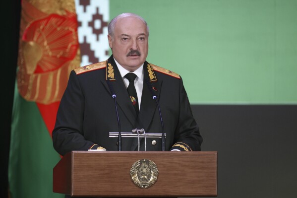 In this photo provided by the Belarusian Presidential Press Service, Belarus President Alexander Lukashenko speaks in Minsk, Belarus, on Tuesday, Feb. 20, 2024. Lukashenko alleged that Western countries have sought to foment mass protests after the Feb. 25 parliamentary elections to destabilize Belarus. (Belarusian Presidential Press Service via AP)