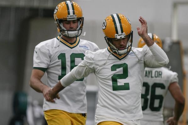 Green Bay Packers' Mason Crosby runs a drill at the NFL football team's practice field training camp Tuesday, May 31, 2022, in Green Bay, Wis. (AP Photo/Morry Gash)