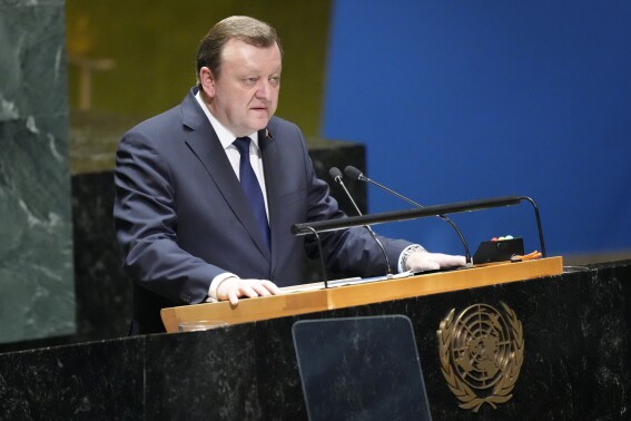 Belarus Foreign Minister Sergei Aleinik addresses the 78th session of the United Nations General Assembly, Saturday, Sept. 23, 2023, at United Nations headquarters. (AP Photo/Mary Altaffer)