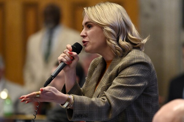 Rep. Aftyn Behn, D-Nashville, talks a bill brought to the House floor by Rep. Mary Littleton, R-Dickson, that would require parents are notified of a student's gender identity or intention to transition to a gender different from the person's sex at birth Monday, April 15, 2024, in Nashville, Tenn. (AP Photo/Mark Zaleski)