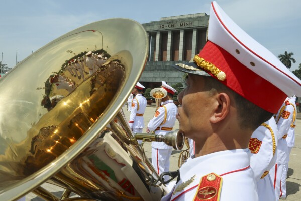 Honor guards stand next to the Ho Chi Minh Mausoleum as Chinese President Xi Jinping participates in a wreath laying ceremony in Hanoi, Vietnam, Tuesday, April 15, 2025. (Athit Perawongmetha/Pool Photo via AP)