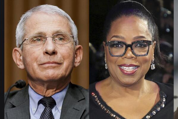 This combination photo shows singer Dua Lipa, from left, Dr. Anthony Fauci, Oprah Winfrey, and Dwayne “The Rock” Johnson, who are among the winners Tuesday at the Webby Awards, which recognize the best internet content and creators. The Webby Person of the Year went to Fauci for using digital and social media to reach the masses with credible and factual COVID-19 information. (AP Photo)
