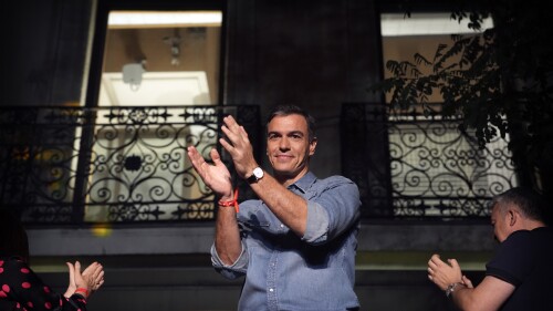 Socialist Workers' Party leader and current Prime Minister Pedro Sanchez greets supporters outside the party's headquarters in Madrid, Spain, Sunday July 23, 2023. Spain's conservative Popular Party is set to narrowly win the country's national election but without the majority needed to topple the coalition government of Socialist Prime Minister Pedro Sánchez. (AP Photo/Emilio Morenatti)