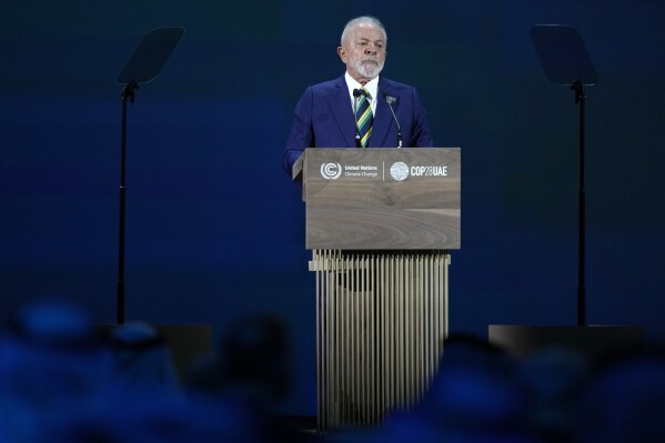 FILE - Brazil President Luiz Inacio Lula da Silva speaks during an opening ceremony at the COP28 U.N. Climate Summit, Dec. 1, 2023, in Dubai, United Arab Emirates. (AP Photo/Rafiq Maqbool, File)
