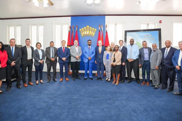 President Irfaan Ali (President of Guyana), Julio Frenk (President UoM), Dr. Felicia Knaul, Dean Rodolphe el-Khoury (UoM), Professor Jose Gelabert-Navia (UoM), Rodrigo Veloso (co-founder Guyana Innovation Group) and other representatives