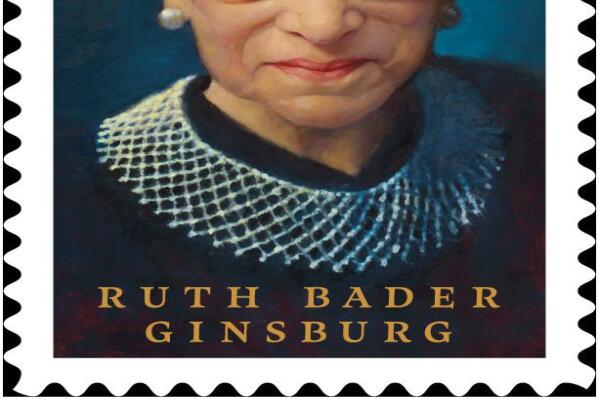 This image provided by the U.S. Postal Service shows the late Supreme Court Justice Ruth Bader Ginsburg. The U.S. Postal Service is honoring her as “an icon of American culture” with a stamp in the new year, seen in this rendering released by the agency on Monday, Oct. 24, 2022, in Washington, D.C. (U.S. Postal Service via AP)
