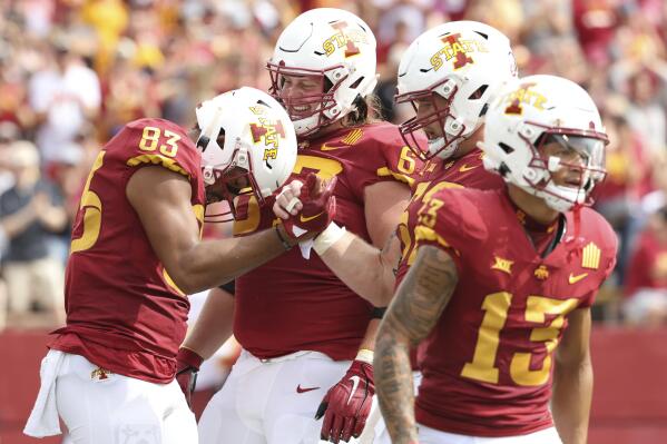 Iowa State tight end DeShawn Hanika (83) celebrates with teammate after scoring a touchdown during the first half of an NCAA college football game against Ohio, Saturday, Sept. 17, 2022, in Ames, Iowa. (AP Photo/Justin Hayworth)