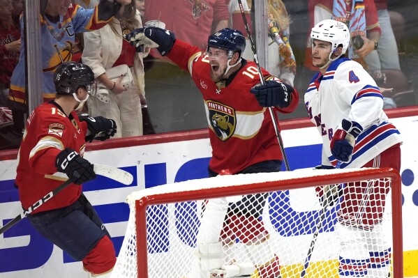Florida Panthers right wing Vladimir Tarasenko (10) celebrates after scoring during the third period of Game 6 against the New York Rangers in the Eastern Conference finals of the NHL hockey Stanley Cup playoffs Saturday, June 1, 2024, in Sunrise, Fla. (AP Photo/Lynne Sladky)