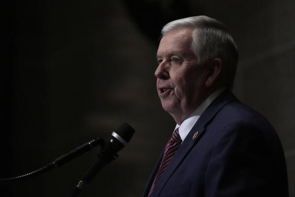 FILE - Missouri Gov. Mike Parson delivers the State of the State address Wednesday, Jan. 18, 2023, in Jefferson City, Mo. Parson on Friday, May 19, will announce his pick to serve out the remainder of Kim Gardner’s term as the chief prosecutor in St. Louis, following her sudden departure earlier this week. (AP Photo/Jeff Roberson, File)
