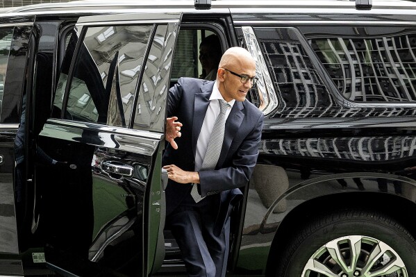 File - Microsoft CEO Satya Nadella arrives at the Phillip Burton Federal Building and U.S. Courthouse, in San Francisco, on Wednesday, June 28, 2023. A judge handed Microsoft a big victory on Tuesday, declining to stop its $69 billion takeover of video game maker Activision Blizzard. (AP Photo/Noah Berger, File)