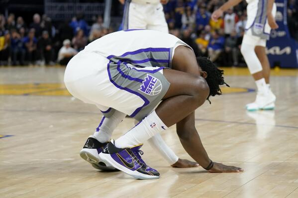 Sacramento Kings forward Chimezie Metu reacts during the second half of the team's NBA basketball game against the Golden State Warriors in San Francisco, Monday, Nov. 7, 2022. (AP Photo/Jeff Chiu)