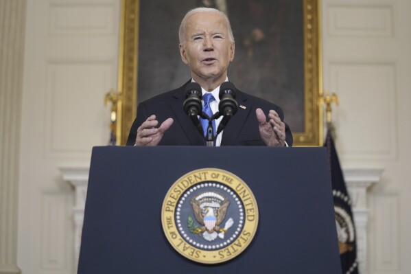 President Joe Biden delivers remarks on a $95 billion Ukraine Israel aid package being debated in Congress, in the State Dining Room of the White House, Tuesday, Feb. 13, 2024, in Washington. (APPhoto/Evan Vucci)