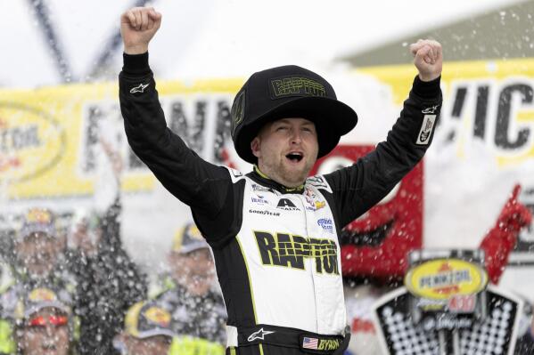 William Byron celebrates in Victory Lane after winning a NASCAR Cup Series auto race on Sunday, March 5, 2023, in Las Vegas. (AP Photo/Ellen Schmidt)