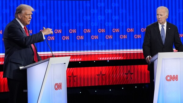 Republican presidential candidate former President Donald Trump speaks during a presidential debate hosted by CNN with President Joe Biden, Thursday, June 27, 2024, in Atlanta. (AP Photo/Gerald Herbert)