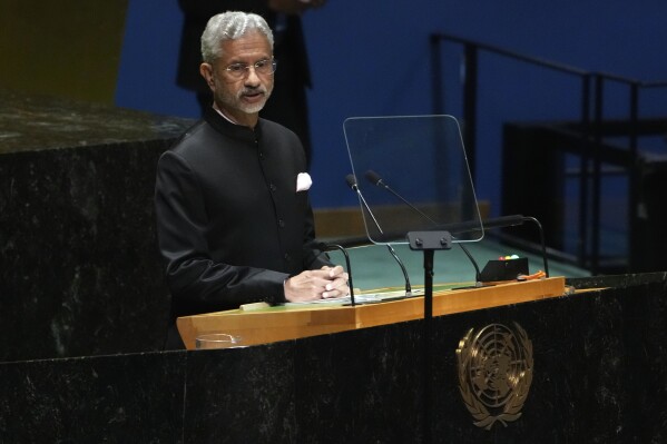India's Foreign Minister Subrahmanyam Jaishankar addresses the 78th session of the United Nations General Assembly, Tuesday, Sept. 26, 2023. (AP Photo/Richard Drew)