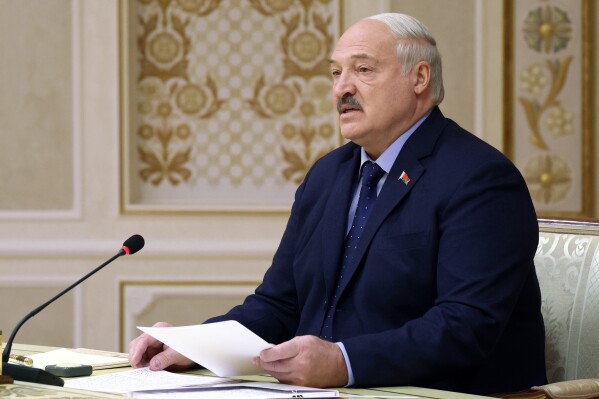 Belarus' President Alexander Lukashenko attends a session of the Collective Security Treaty Organisation (CSTO) in Minsk, Belarus, Thursday, Nov. 23, 2023. (Valery Sharifulin, Sputnik, Kremlin Pool Photo via AP)