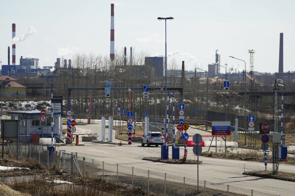 FILE - A view of Russian border crossing point Svetogorsk from the Pelkola border crossing point in Imatra, south-eastern Finland, on April 14, 2023. The government in Finland is considering whether to close some crossing points on the country's long eastern border with Russia to prevent people from trying to enter without proper documentation, the Nordic nation's interior minister said Tuesday, Nov. 14, 2023. (AP Photo/Sergei Grits, File)