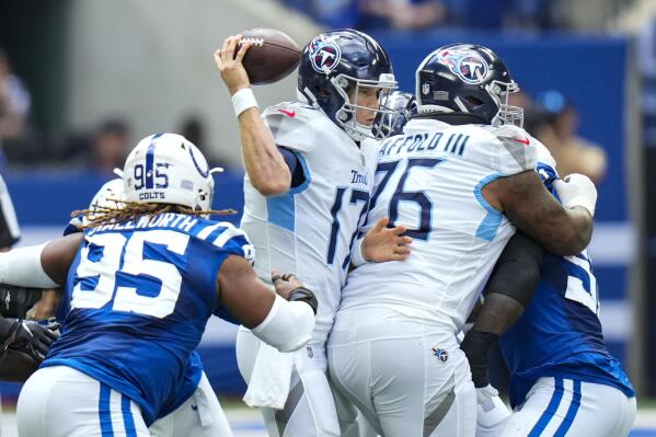 INDIANAPOLIS, IN - OCTOBER 16: Indianapolis Colts helmets sit on