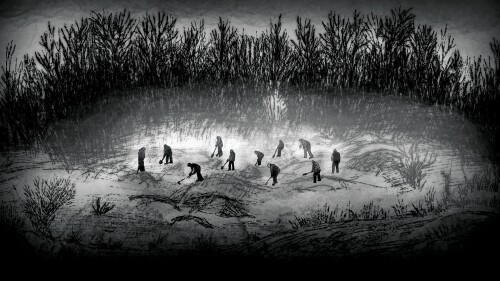 Illustration of detained Ukrainian civilians digging into frozen ground. (AP Illustration/Peter Hamlin)