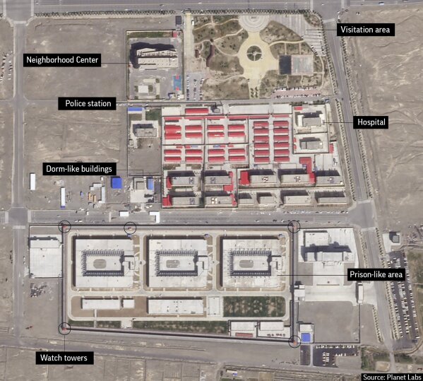 
              In this Sep. 17, 2018, satellite image released by Planet Labs, buildings are seen around the Kunshan Industrial Park in Artux in western China’s Xinjiang region. This is one of a growing number of internment camps in the Xinjiang region, where by some estimates 1 million Muslims are detained, forced to give up their language and their religion and subject to political indoctrination. Now, the Chinese government is also forcing some detainees to work in manufacturing and food industries. Some of them are within the internment camps; others are privately owned, state-subsidized factories where detainees are sent once they are released. (Planet Labs via AP)
            