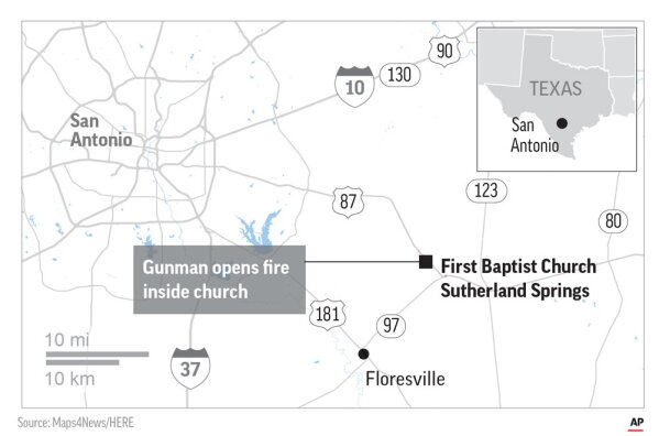 
              Map locates church shooting in Sutherland Springs, Texas.; 2c x 3 inches; 96.3 mm x 76 mm;
            