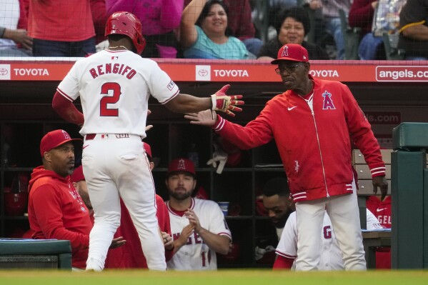 Los Angeles Angels' Luis Rengifo (2) returns to the dugout after scoring off of a single hit by designated hitter Willie Calhoun during the fourth inning of a baseball game against the San Diego Padres in Anaheim, Calif., Monday, June 3, 2024. (AP Photo/Ashley Landis)
