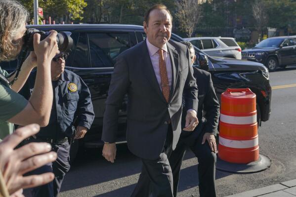 Actor Kevin Spacey arrives at Federal court for his civil lawsuit trial, Wednesday, Oct. 12, 2022, in New York. Spacey is facing a jury in a New York City courtroom during a civil trial accusing him of sexually abusing a 14-year-old actor in the 1980s when he was 26. (AP Photo/Mary Altaffer)