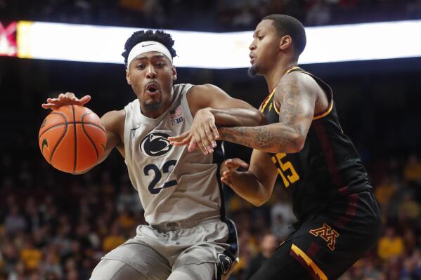 Penn State guard Jalen Pickett, left, works around Minnesota guard Ta'Lon Cooper in the second half of an NCAA college basketball game Saturday, Feb. 18, 2023, in Minneapolis. (AP Photo/Bruce Kluckhohn)