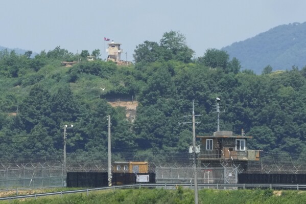 FILE - A North Korean military guard post, top, and South Korean post, bottom, are seen from Paju, South Korea, near the border with North Korea, Friday, May 31, 2024. (AP Photo/Ahn Young-joon, File)