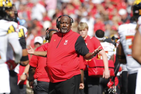 Maryland head coach Mike Locksley reacts to his players leaving the field against Ohio State during the first half of an NCAA college football game Saturday, Oct. 9, 2021, in Columbus, Ohio. Ohio State beat Maryland 66-17. (AP Photo/Jay LaPrete)