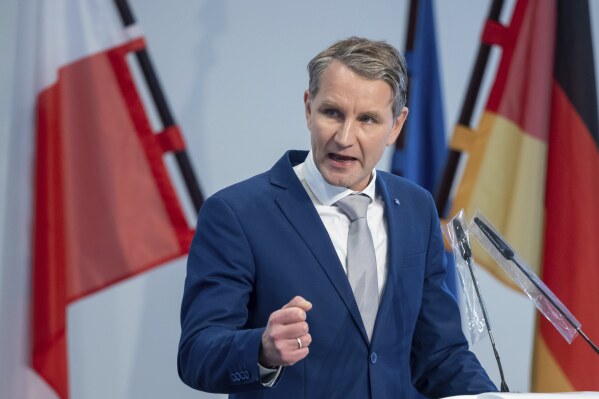 FILE - Far-right politician Bjoern Hoecke, Thuringia's AfD parliamentary group leader, speaks at the special plenary session of the Thuringia state parliament in Erfurt, Germany, Jan. 20, 2021. A court says Bjoern Hoecke, one of the most prominent figures in the far-right Alternative for Germany party, will go on trial in April 2024 on charges related to his alleged use in a 2021 speech of a slogan used by the Nazis’ SA stormtroopers. (Michael Reichel/dpa via AP, File)