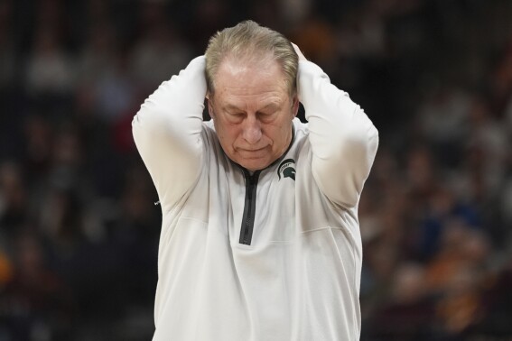 Michigan State head coach Tom Izzo reacts during the second half of an NCAA college basketball game against Purdue in the quarterfinal round of the Big Ten Conference tournament, Friday, March 15, 2024, in Minneapolis. (AP Photo/Abbie Parr)