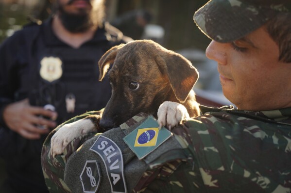 Een Braziliaanse soldaat draagt ​​een hond nadat hij hem heeft gered uit een overstroomd gebied na zware regenval in Canoas, staat Rio Grande do Sul, Brazilië, donderdag 9 mei 2024. (AP Photo/Carlos Macedo)