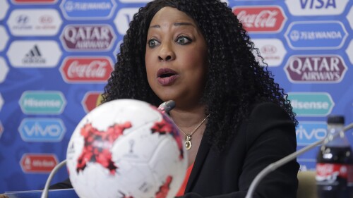 FILE - FIFA secretary general Fatma Samoura talks to the media during a news conference at the St. Petersburg Stadium, Russia, on June 16, 2017. Samoura is leaving after seven years as the highest profile woman working in world soccer, the governing body said Wednesday June 14, 2023. (AP Photo/Dmitri Lovetsky, File)