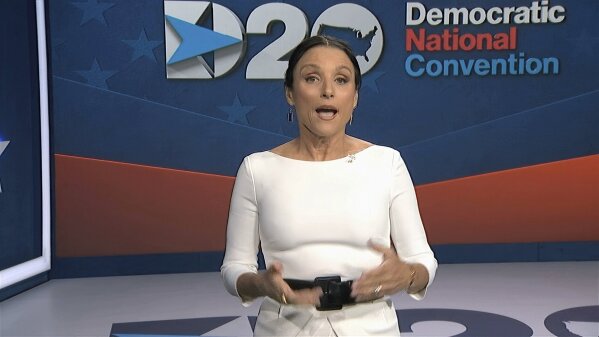 In this image from video, Julia Louis-Dreyfus, serving as moderator, speaks during the fourth night of the Democratic National Convention on Thursday, Aug. 20, 2020. (Democratic National Convention via AP)