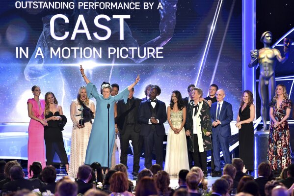 Frances McDormand and the cast of "Three Billboards Outside Ebbing, Missouri" accept the award for outstanding performance by a cast in a motion picture at the 24th annual Screen Actors Guild Awards  on Sunday, Jan. 21, in Los Angeles. (Photo by Vince Bucci/Invision/AP)