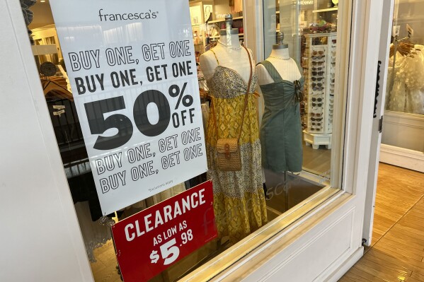A sign trumpets discounts available in a clothing store in a mall Monday, April 29, 2024, in Lone Tree, Colo. On Wednesday, May 15, 2024, the Labor Department issues its report on inflation at the consumer level in April. (AP Photo/David Zalubowski)