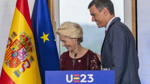 EU Commission President Ursula von der Leyen, left, and Spain's Prime Minister Pedro Sánchez leave the stage after a press conference during an EU summit in Madrid, Spain, Saturday, July 3, 2023. CCommissioners of the European Union are meeting with the Spanish government to review Spain's plans for its six-month Presidency of the EU Council. (AP Photo/Bernat Armangue)