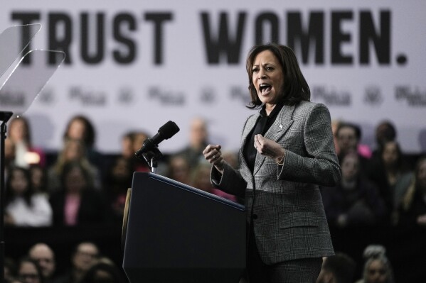 Vice President Kamala Harris speaks at the International Union of Painters and Allied Trades District Council 7, Monday, Jan. 22, 2024, in Big Bend, Wis. Harris is embracing her position as the Democrats' leading champion for abortion rights in this year's election. Harris visits Wisconsin on Monday for the first in a series of nationwide events focused on abortion, which remains politically potent almost two years since the Supreme Court overturned Roe v. Wade. (AP Photo/Morry Gash)