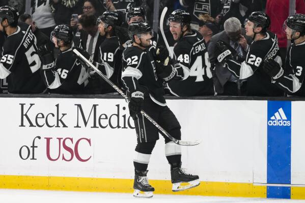 Los Angeles Kings' Kevin Fiala (22) celebrates his goal during the first period of an NHL hockey game against the Edmonton Oilers Monday, Jan. 9, 2023, in Los Angeles. (AP Photo/Jae C. Hong)