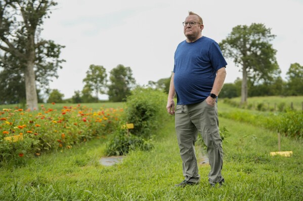 Tom Kimmerer, plant physiologist, poses for a portrait, Tuesday, Aug. 15, 2023, at Elmwood Stock Farm in Georgetown, Ky.  (AP Photo/Joshua A. Bickel)