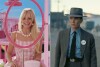 This combination of images shows Margot Robbie in a scene from "Barbie," left, and Cillian Murphy in a scene from "Oppenheimer." (Warner Bros Pictures/Universal Pictures via AP)