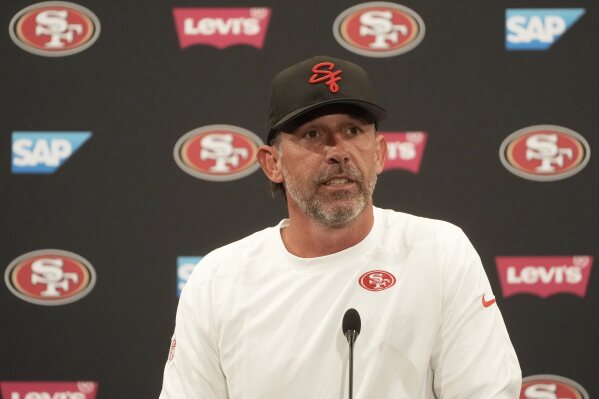 San Francisco 49ers head coach Kyle Shanahan speaks at a news conference after NFL football practice Thursday, May 29, 2025, in Santa Clara, Calif. (AP Photo/Jeff Chiu)