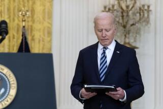 President Joe Biden arrives to speak about the Russian invasion of Ukraine in the East Room of the White House, Thursday, Feb. 24, 2022, in Washington. (AP Photo/Alex Brandon)