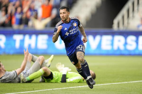 FC Cincinnati's Luciano Acosta (10) reacts after scoring a goal during the first half of an MLS soccer match against CF Montreal Wednesday, May 17, 2023, in Cincinnati. (AP Photo/Jeff Dean)