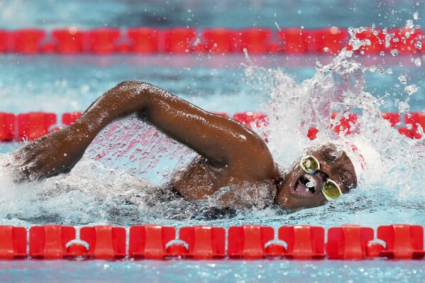 Congo's Vanessa Bobimbo competes in a women's 50-meter freestyle heat at the Summer Olympics in Nanterre, France, Saturday, Aug. 3, 2024. (AP Photo/Tsvangirayi Mukwazhi)